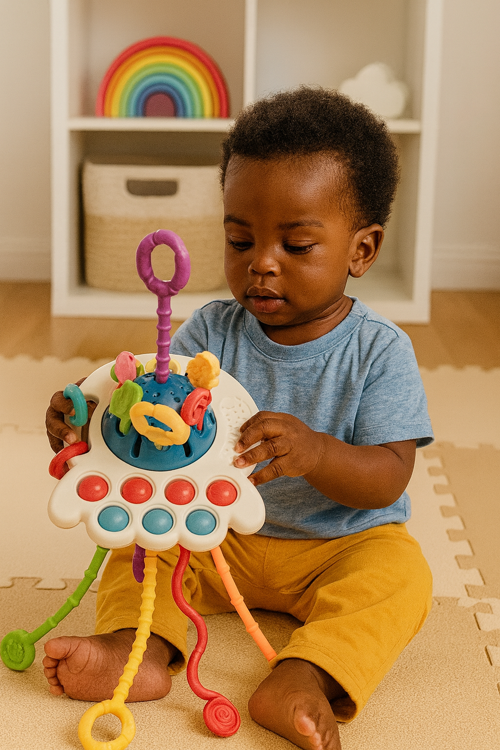 Bébé jouant avec jouet sensoriel pieuvre Montessori - Cordons texturés et boutons pop-it pour éveil tactile
