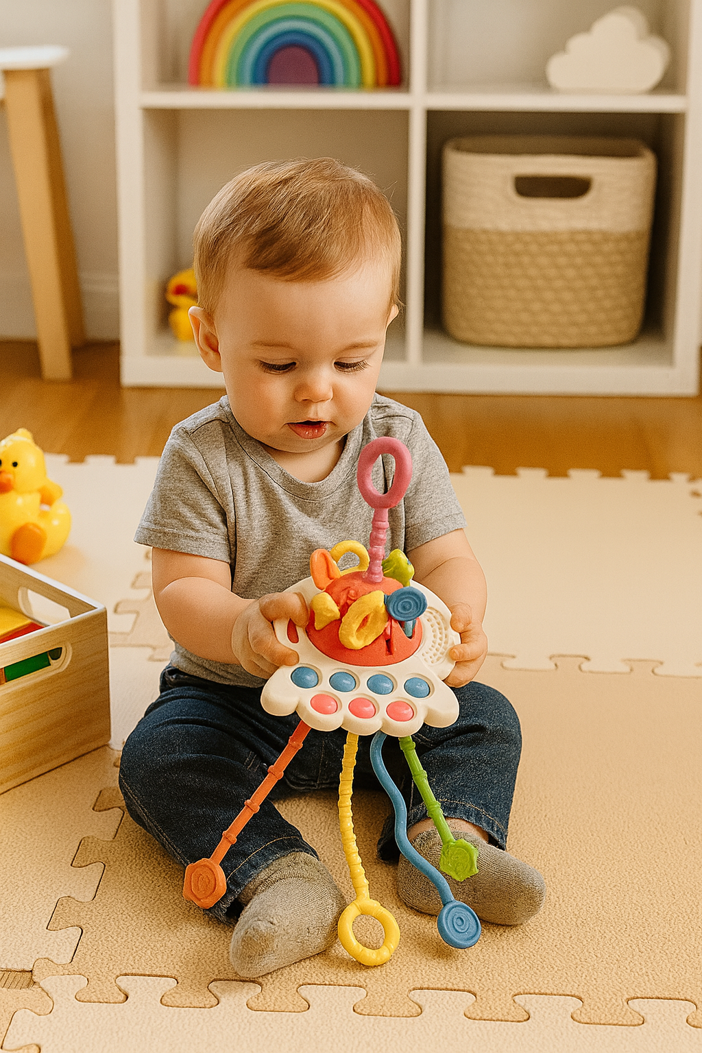Bébé jouant avec jouet sensoriel pieuvre Montessori - Cordons texturés et boutons pop-it pour éveil tactile
