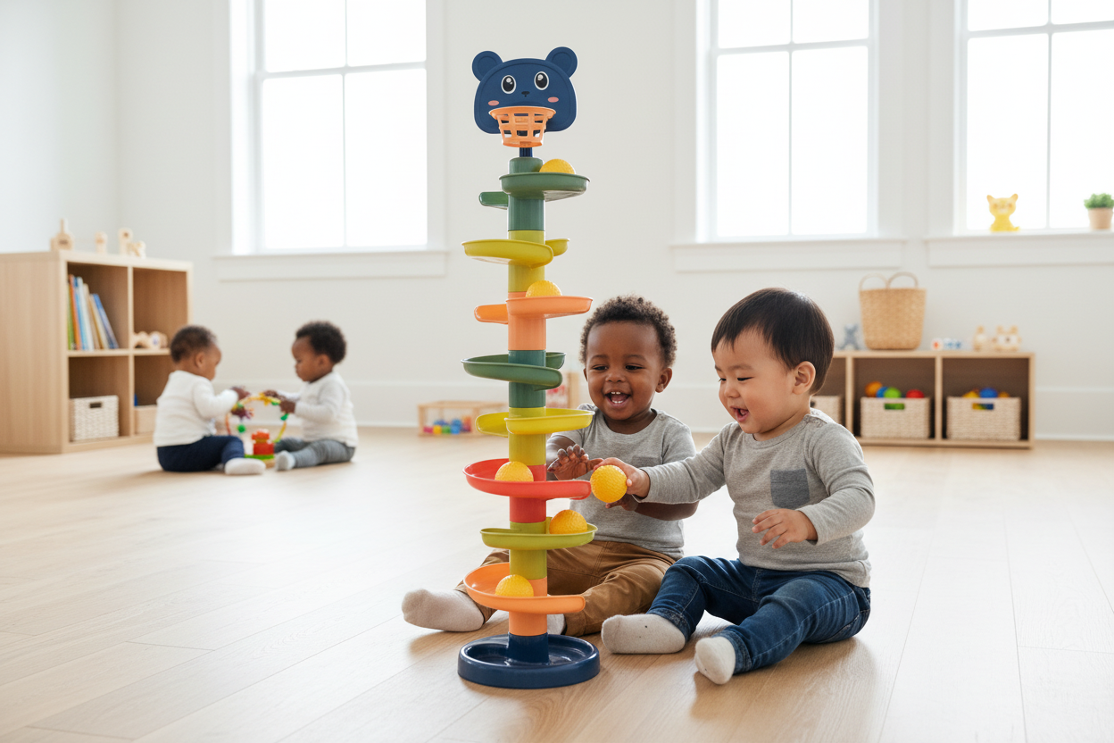 Enfants jouant avec circuit à balles Montessori 9 niveaux en salle de jeu - Tour à balles 55cm Nid'Éveil