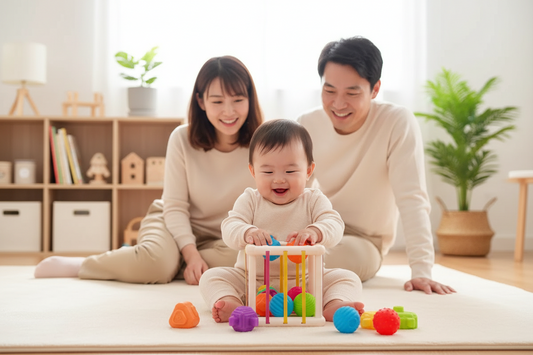 Bébé asiatique jouant avec boîte sensorielle à élastiques accompagné de ses parents - Jouet Montessori