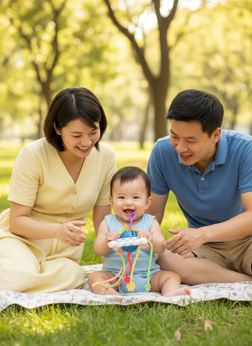 Bébé jouant avec jouet sensoriel pieuvre Montessori - Cordons texturés et boutons pop-it pour éveil tactile
