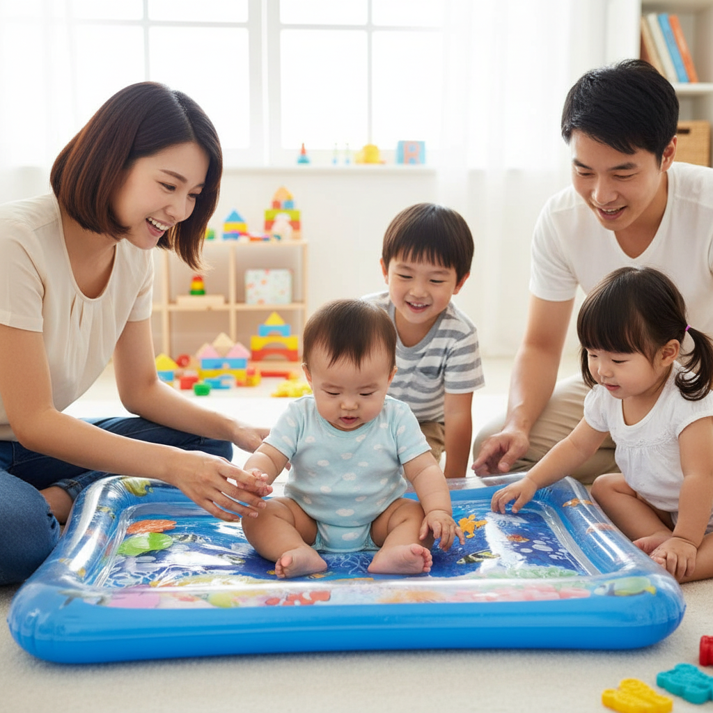 Tapis d'eau sensoriel gonflable pour bébé avec thème océan, méduses et poissons colorés