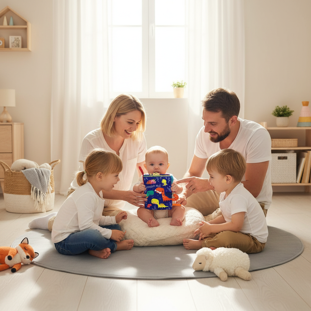 Bébé découvrant un livre sensoriel en tissu avec ses parents dans un salon lumineux - Jouet d'éveil Montessori Nid'Éveil"