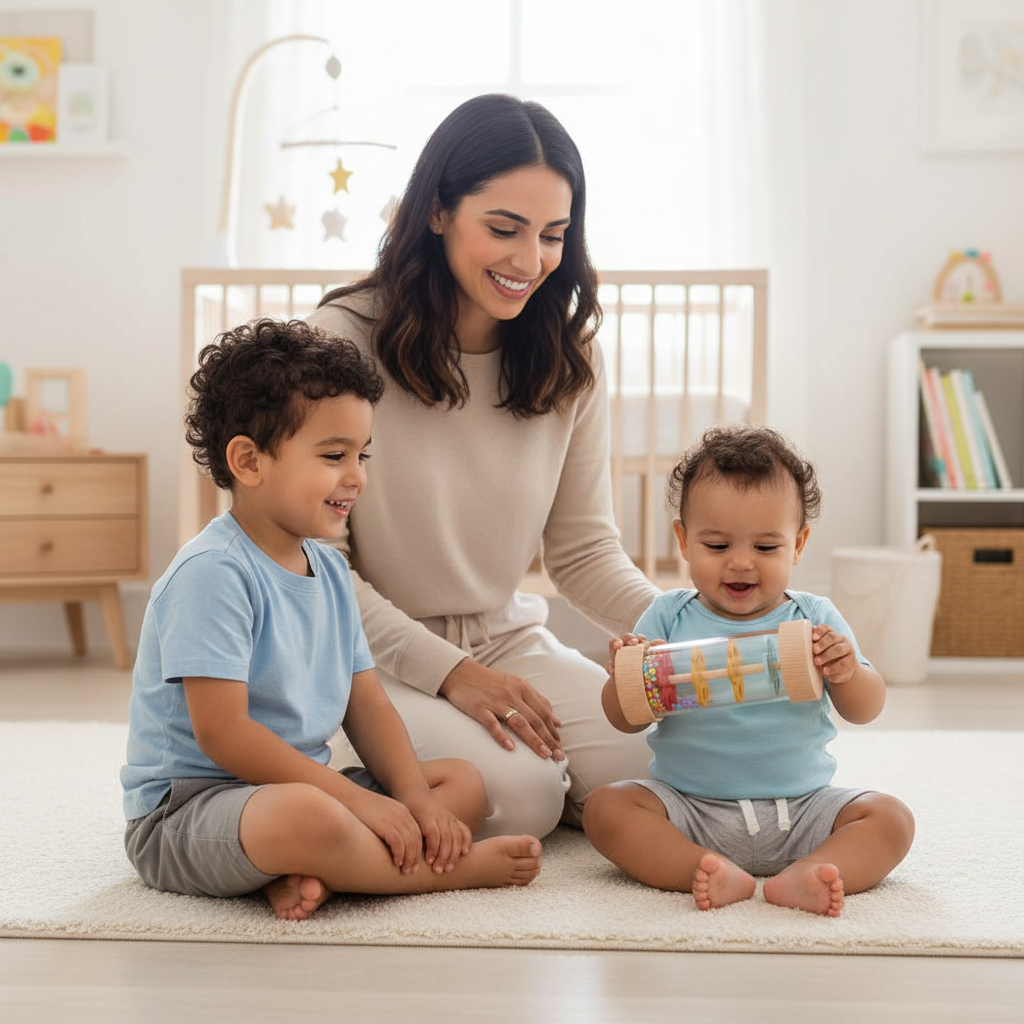 Famille avec bébé découvrant jouet sensoriel bâton de pluie en bois

