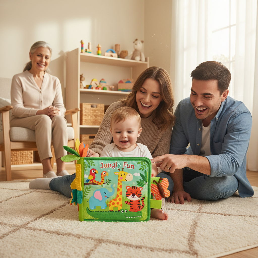 Famille réunie autour d'un livre d'éveil sensoriel pour bébé - Apprentissage précoce et moments de complicité