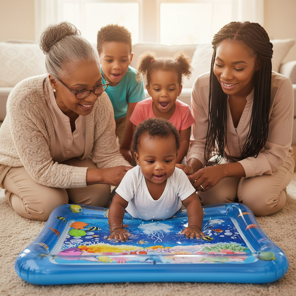 Tapis d'eau sensoriel gonflable pour bébé avec thème océan, méduses et poissons colorés
