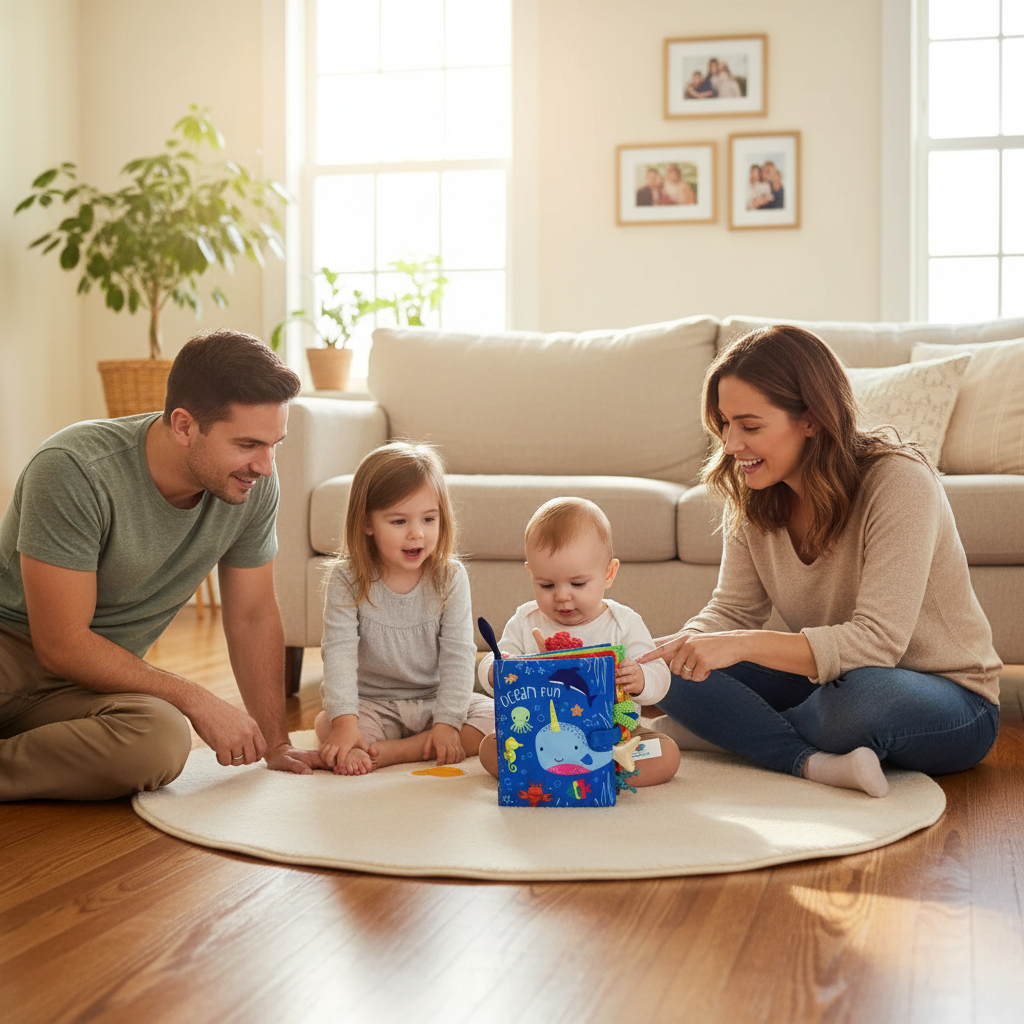 out-petit explorant un livre en tissu interactif avec queues sensorielles et textures variées - Nid'Éveil