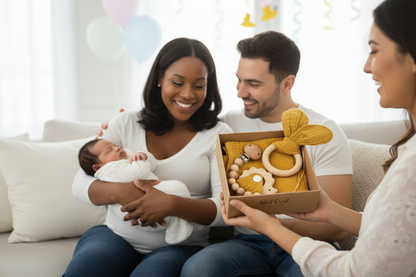 Famille recevant coffret cadeau naissance jaune - Hochet bois, mousseline et attache-tétine Montessori
