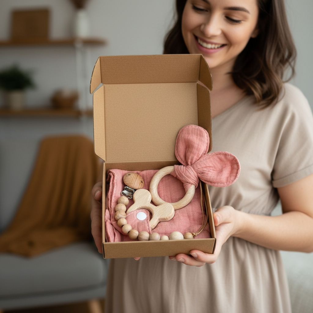 Coffret Cadeau Naissance Bébé - Hochet Bois et Mousseline Montessori