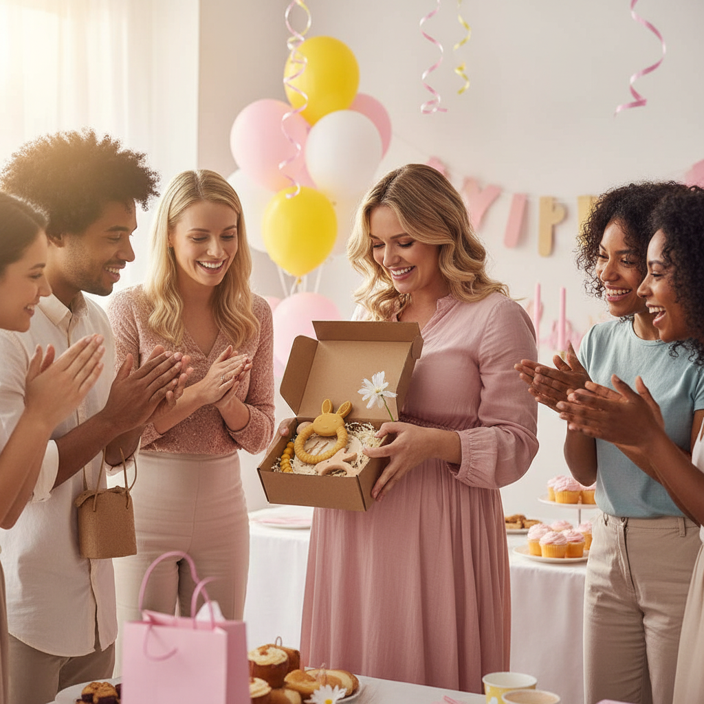 Future maman ouvrant son coffret cadeau naissance Nid'Éveil contenant hochets dentition et jouets Montessori en bois lors d'une célébration baby shower