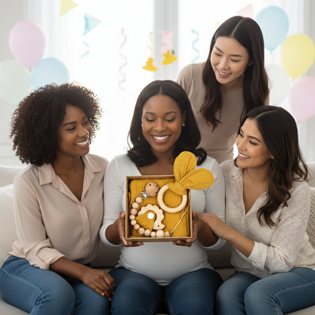 Coffret Cadeau Naissance Bébé - Hochet Bois et Mousseline Montessori