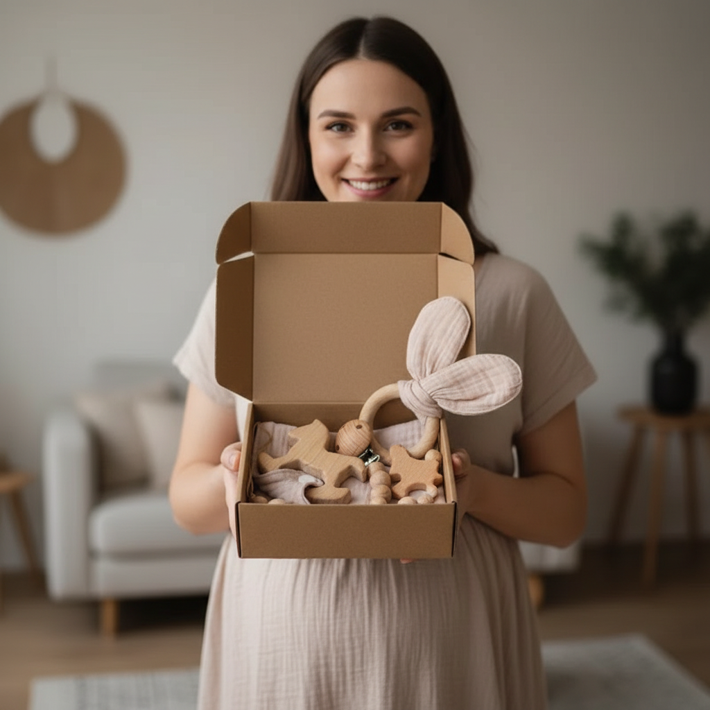 Coffret Cadeau Naissance Bébé - Hochet Bois et Mousseline Montessori