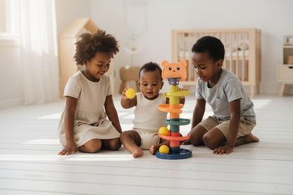 Fratrie jouant ensemble avec circuit à balles Montessori 5 niveaux - Tour à balles en bois Nid'Éveil