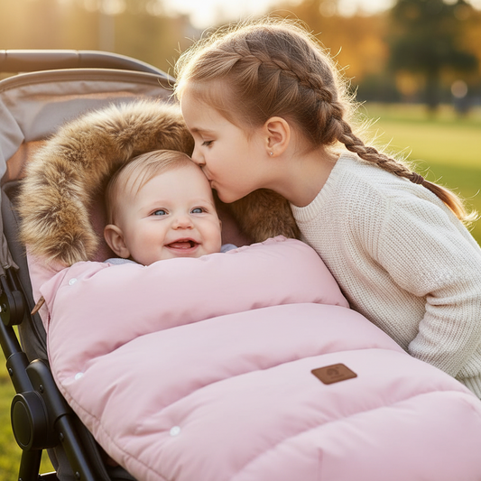 Gros plan bébé souriant en chancelière rose - Bisou affectueux grande sœur