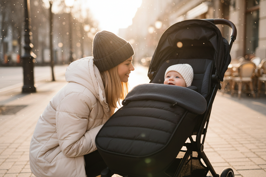 Chancelière universelle noire pour poussette - Maman et bébé heureux sortie urbaine