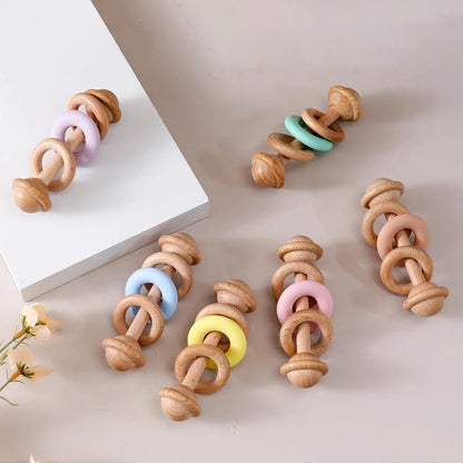 Hochet en bois de hêtre et silicone – Anneau de dentition bébé, jouet Montessori sensoriel - Nid’Éveil