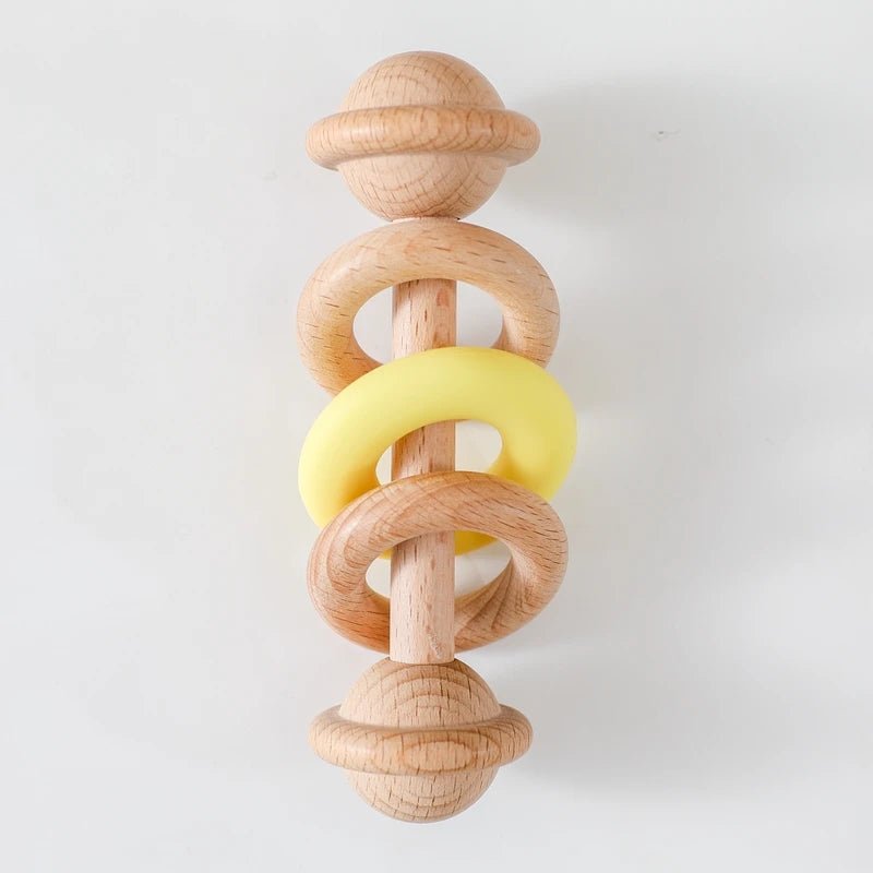 Hochet en bois de hêtre et silicone – Anneau de dentition bébé, jouet Montessori sensoriel - Nid’Éveil