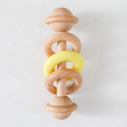Hochet en bois de hêtre et silicone – Anneau de dentition bébé, jouet Montessori sensoriel - Nid’Éveil