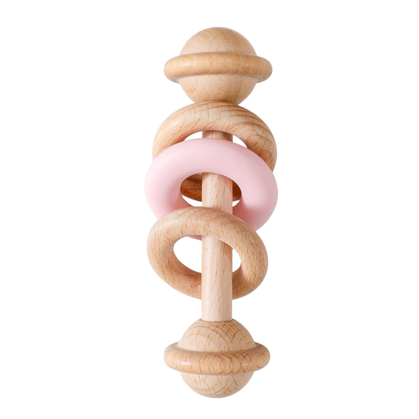 Hochet en bois de hêtre et silicone – Anneau de dentition bébé, jouet Montessori sensoriel - Nid’Éveil