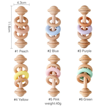 Hochet en bois de hêtre et silicone – Anneau de dentition bébé, jouet Montessori sensoriel - Nid’Éveil
