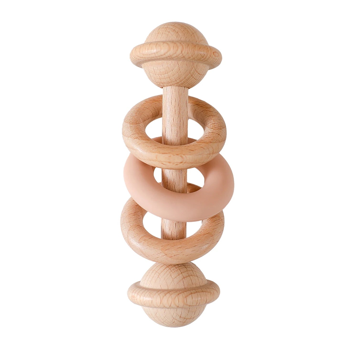 Hochet en bois de hêtre et silicone – Anneau de dentition bébé, jouet Montessori sensoriel - Nid’Éveil