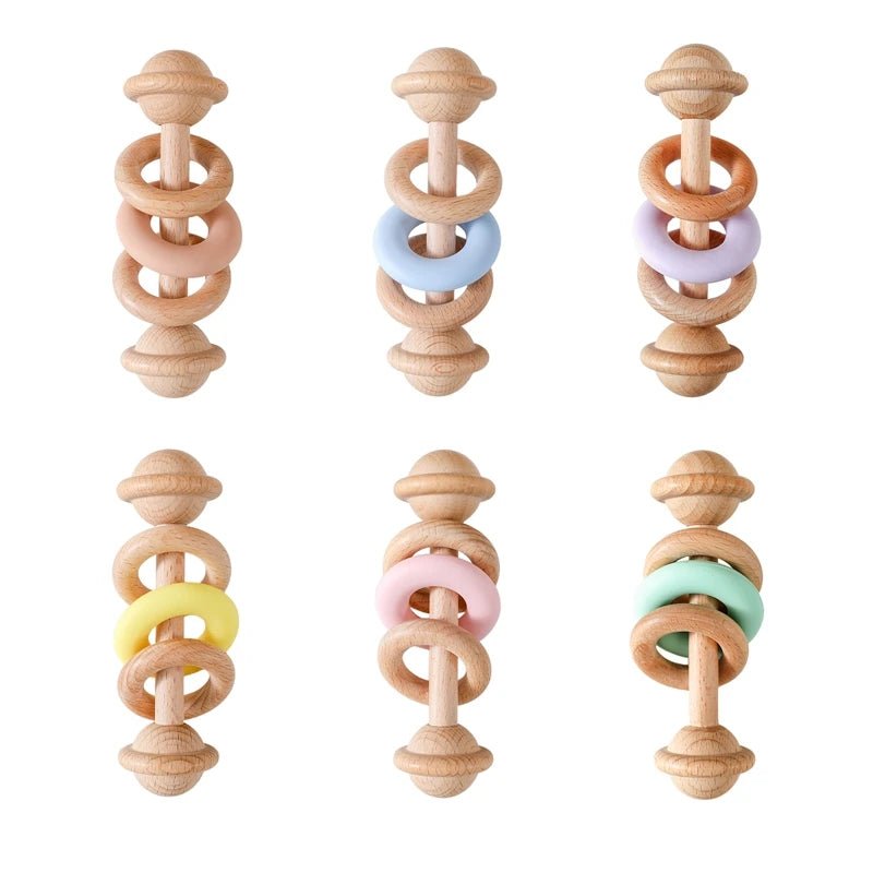 Hochet en bois de hêtre et silicone – Anneau de dentition bébé, jouet Montessori sensoriel - Nid’Éveil