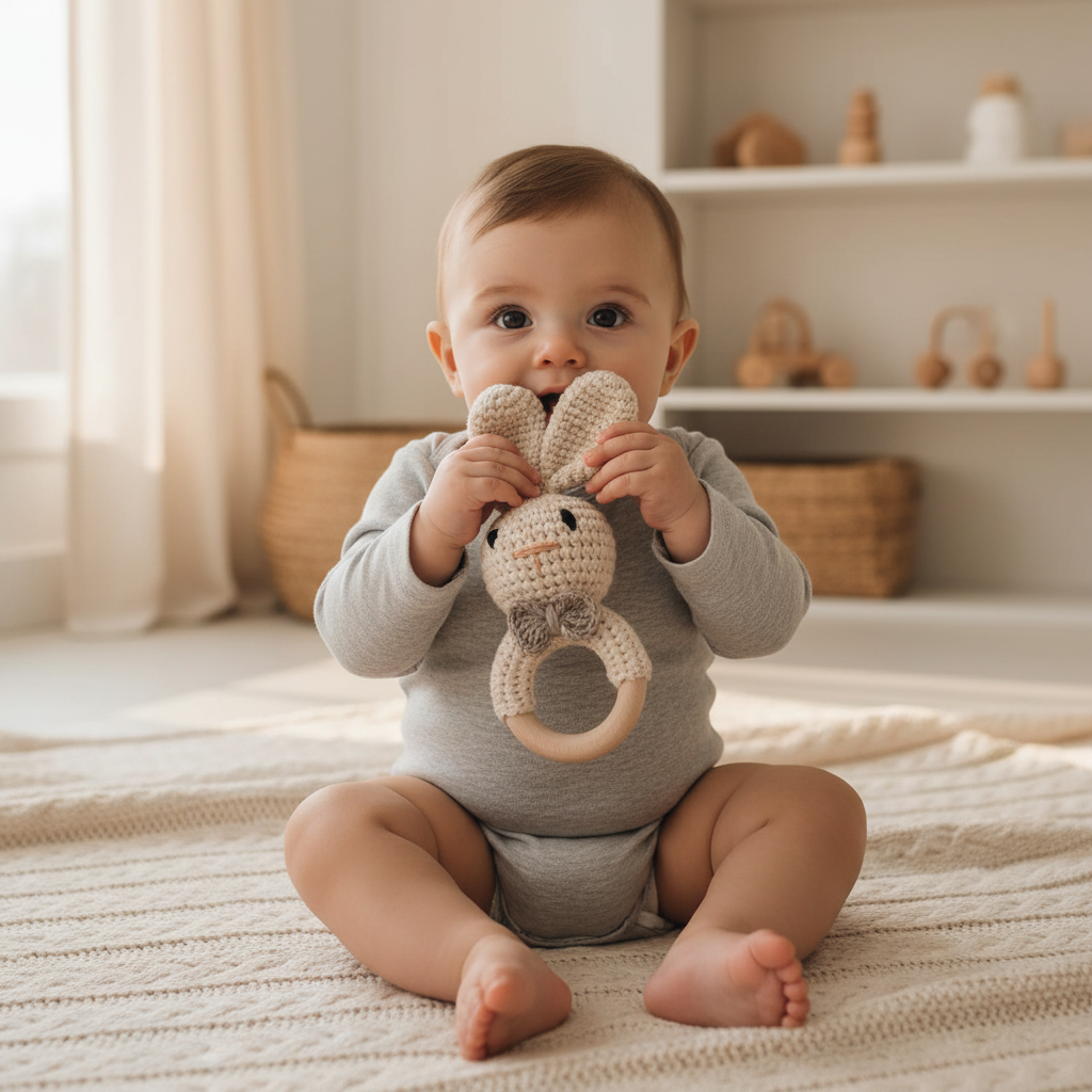Hochet de dentition en bois de hêtre naturel et crochet coton pour bébé 0-36 mois - Jouet éveil Montessori Nid'Éveil