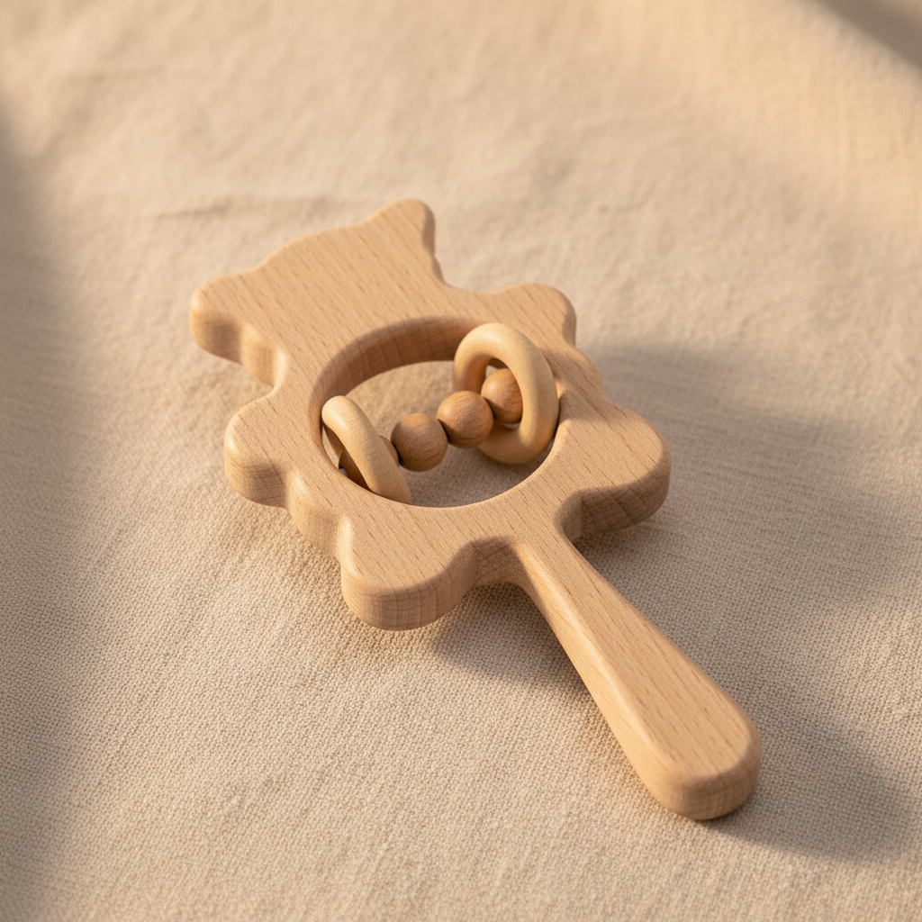 Youuys Hochet Dentition En Bois Ours Kaki – Anneau 4,5 Cm – Son Doux – Livré Avec Sac – Dès 0 Mois