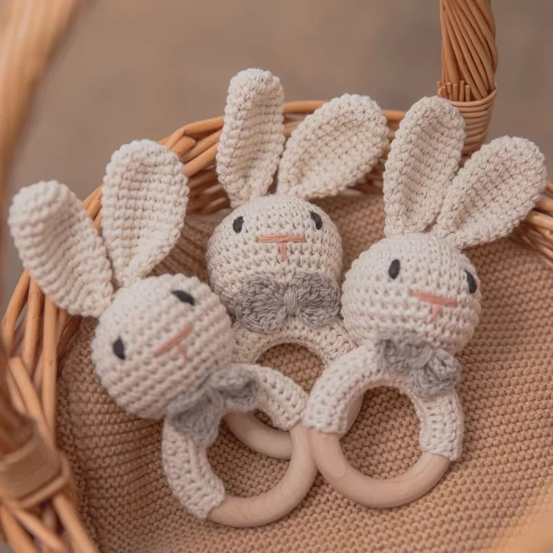 Hochet de dentition en bois de hêtre naturel et crochet coton pour bébé 0-36 mois - Jouet éveil Montessori Nid'Éveil