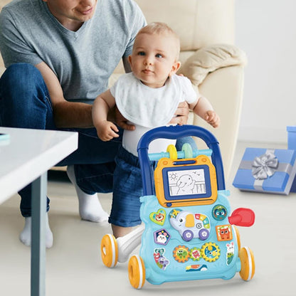 Trotteur musical bleu pour bébé avec ardoise magique et activités interactives