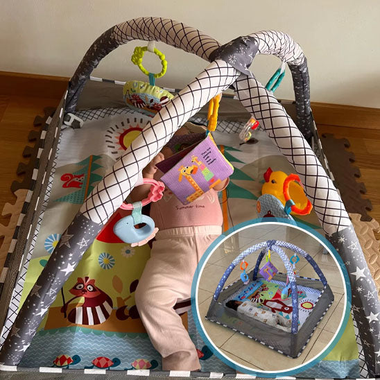 Tapis d’éveil évolutif avec arches et jouets suspendus – Aire de jeu bébé sans balles - Nid’Éveil