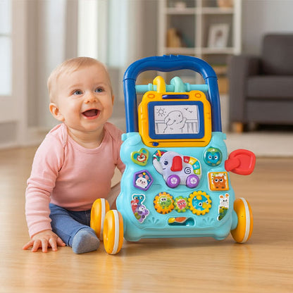 Trotteur musical bleu pour bébé avec ardoise magique et activités interactives