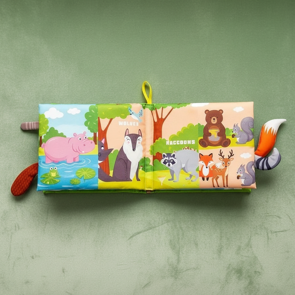 Livre sensoriel bébé en tissu avec animaux marins - pieuvre, requin et crabe colorés