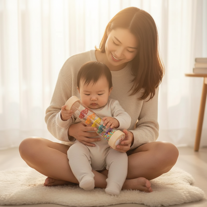 Maman et bébé moment tendre avec bâton de pluie Montessori apaisant
