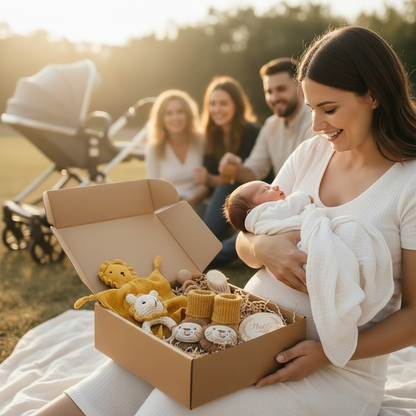 Maman avec bébé recevant coffret cadeau naissance Montessori entourée d'amies au parc - Nid'Éveil