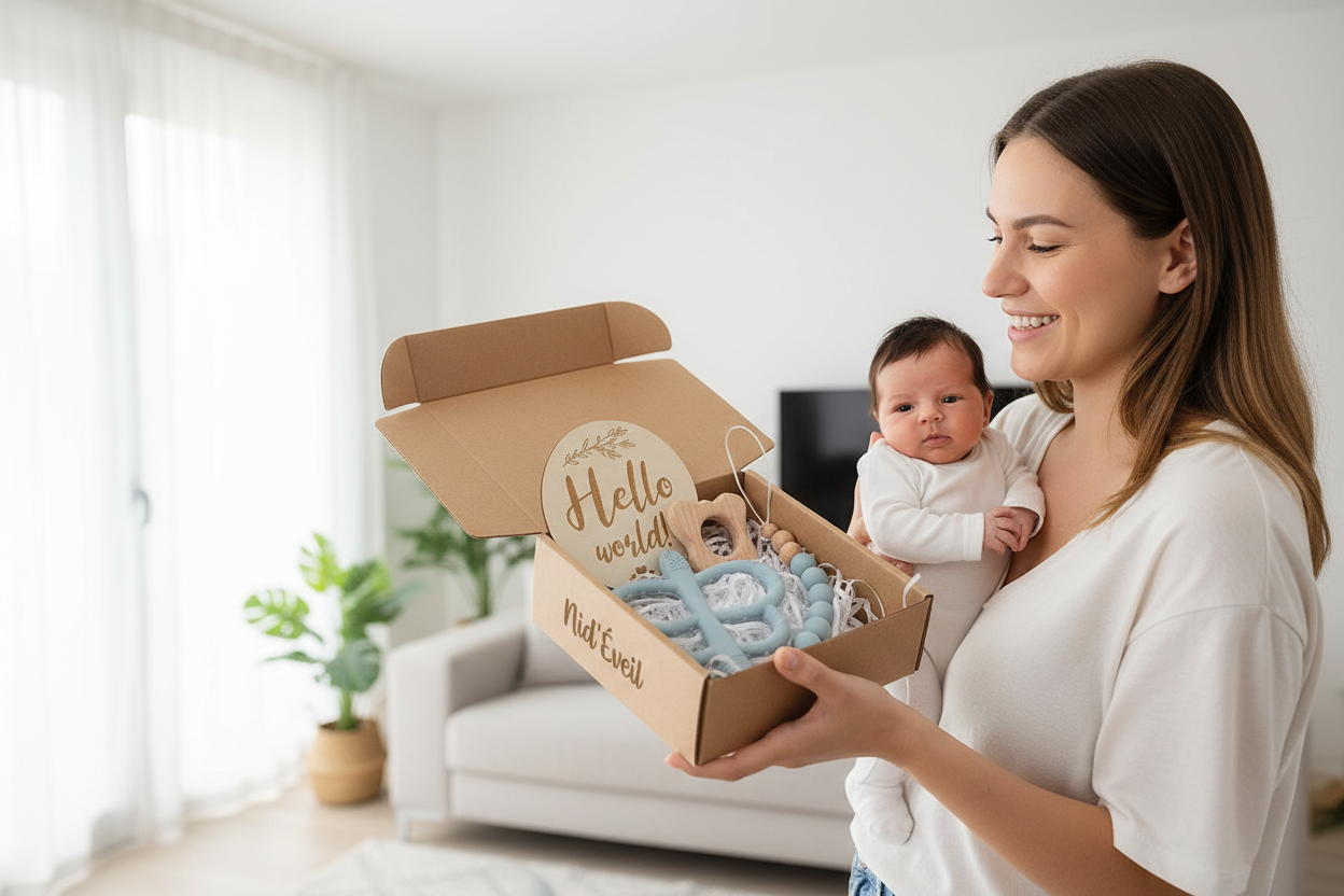 Cadeau naissance entre amies - Coffret Montessori 4 pièces hochet dentition bois et silicone certifié CE
