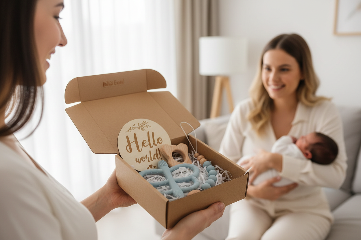 Cadeau naissance entre amies - Coffret Montessori 4 pièces hochet dentition bois et silicone certifié CE
