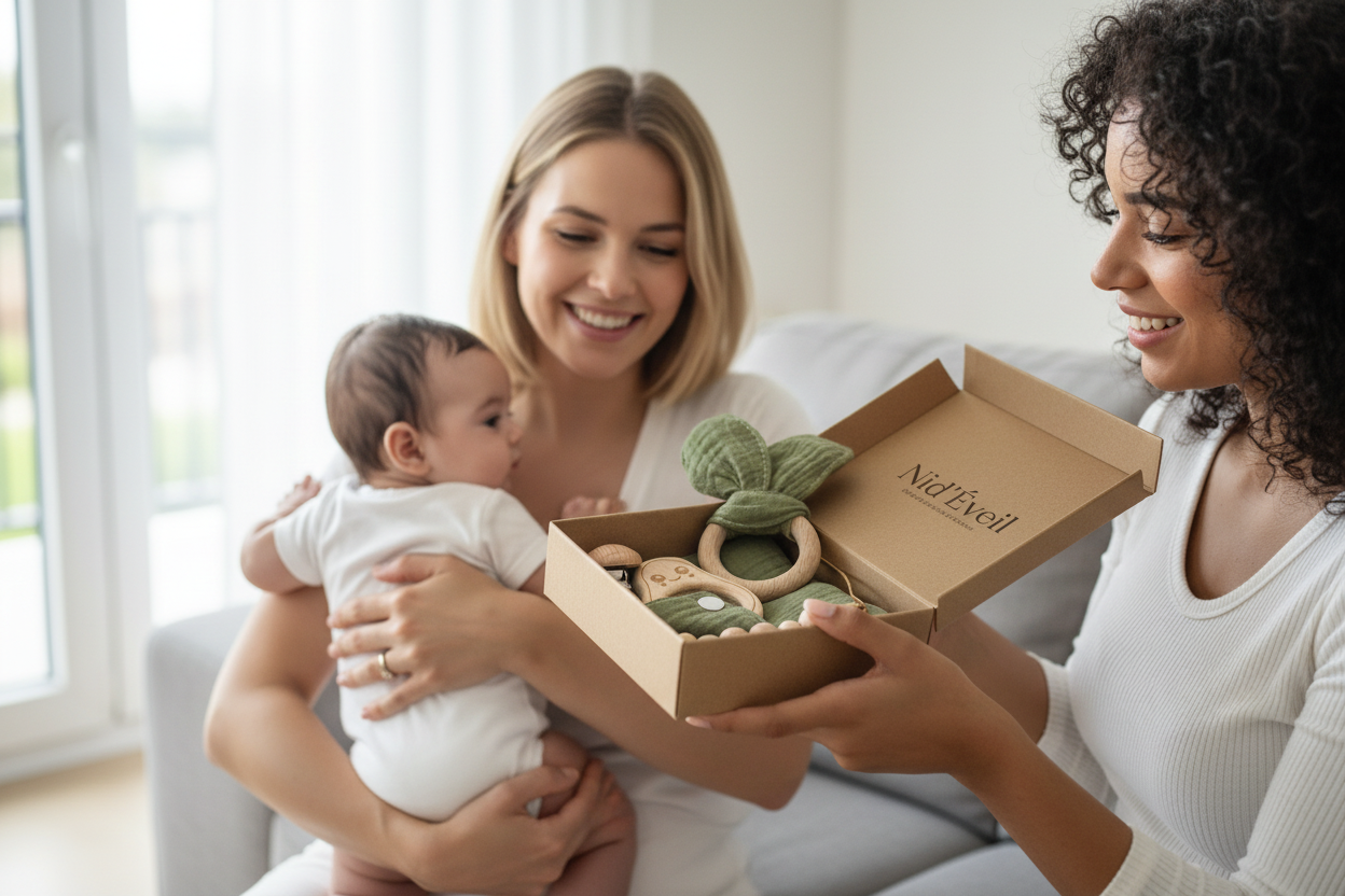 Cadeau naissance entre amies - Coffret Montessori hochet bois, mousseline et attache-tétine pour bébé
