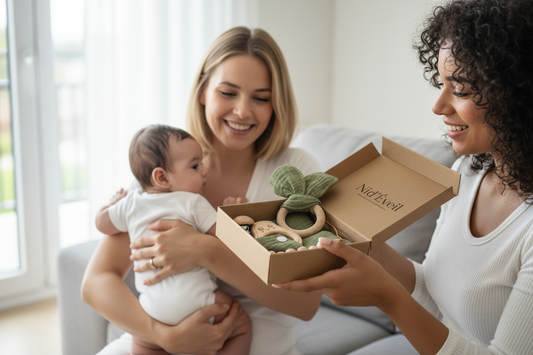 Cadeau naissance entre amies - Coffret Montessori hochet bois, mousseline et attache-tétine pour bébé
