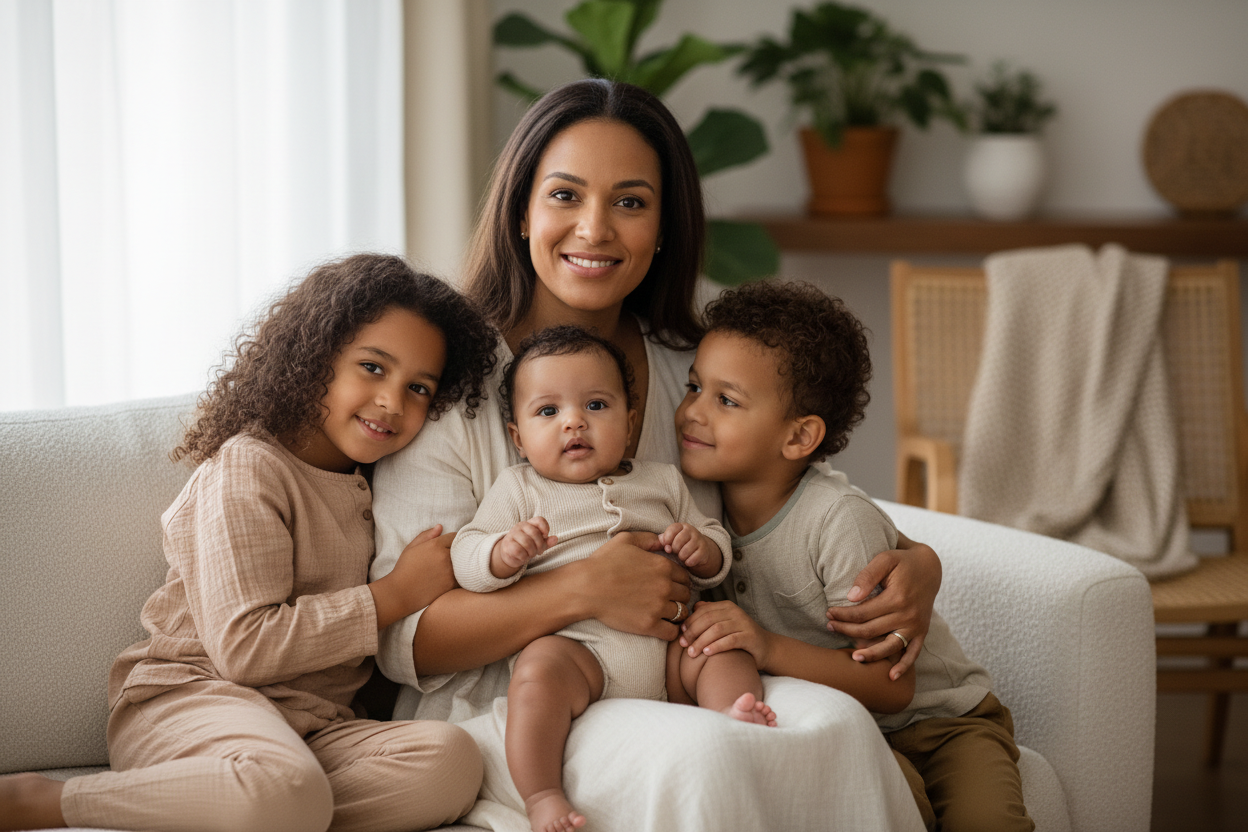 Maman entrepreneure avec ses trois enfants - Histoire Nid'Éveil boutique jouets Montessori
