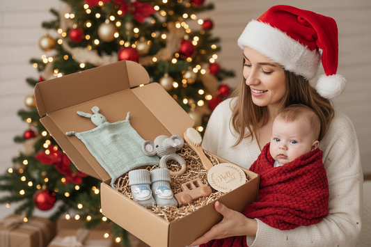 Maman avec bonnet Noël tenant bébé emmailloté rouge recevant coffret cadeau naissance Montessori - Sapin illuminé en arrière-plan
