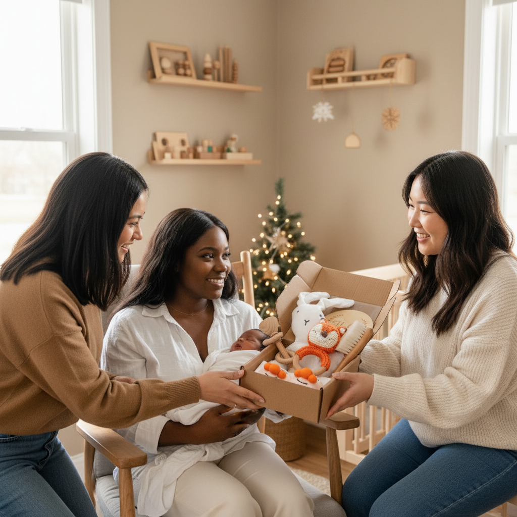 Maman avec bébé recevant coffret cadeau naissance Montessori de ses amies à Noël - Nid'Éveil
