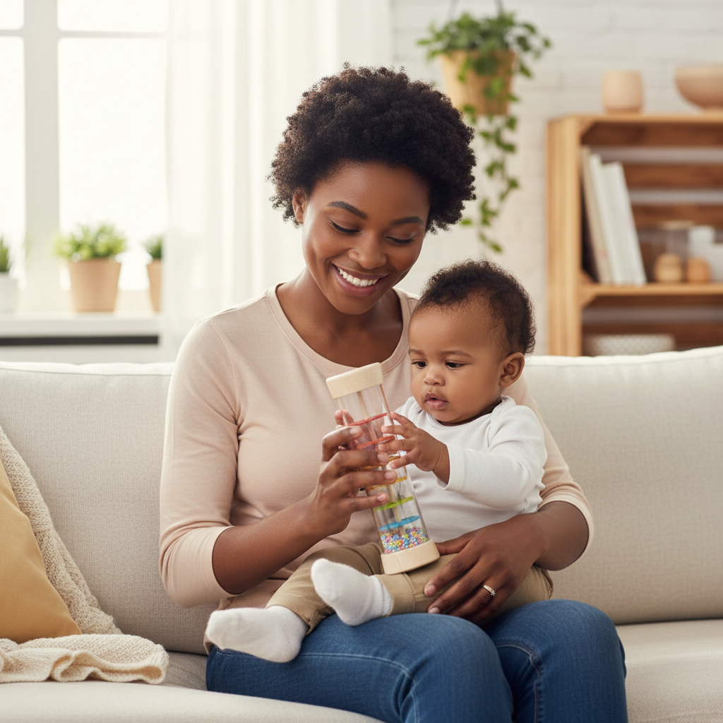 Maman et bébé jouant avec bâton de pluie Montessori - éveil sensoriel
