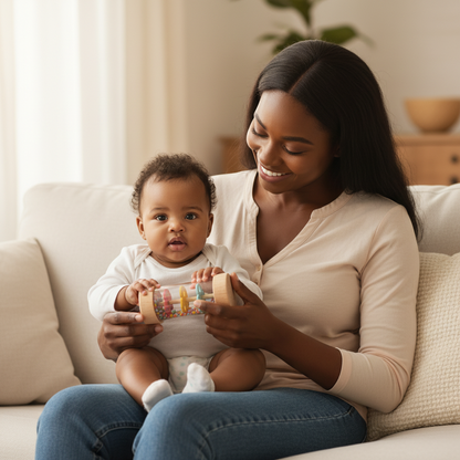 Maman et bébé jouant avec bâton de pluie Montessori - éveil sensoriel
