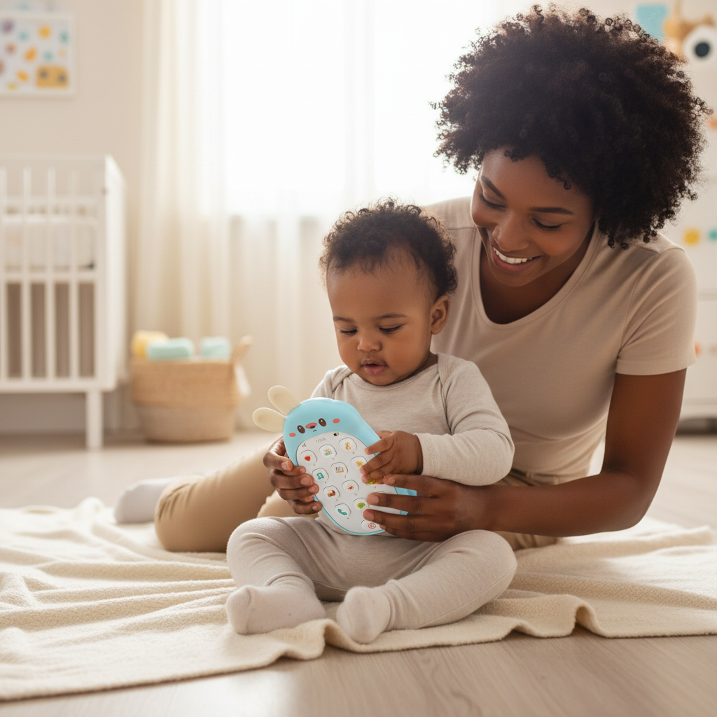 Maman et bébé jouant avec le téléphone jouet lapin musical bleu
