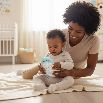 Maman et bébé jouant avec le téléphone jouet lapin musical bleu