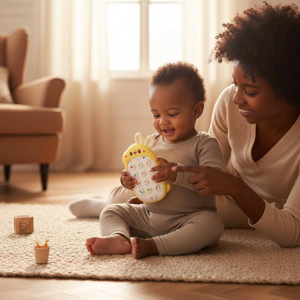 Maman et bébé découvrant le téléphone jouet lapin musical jaune