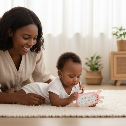 Maman et bébé avec le téléphone jouet lapin musical rose