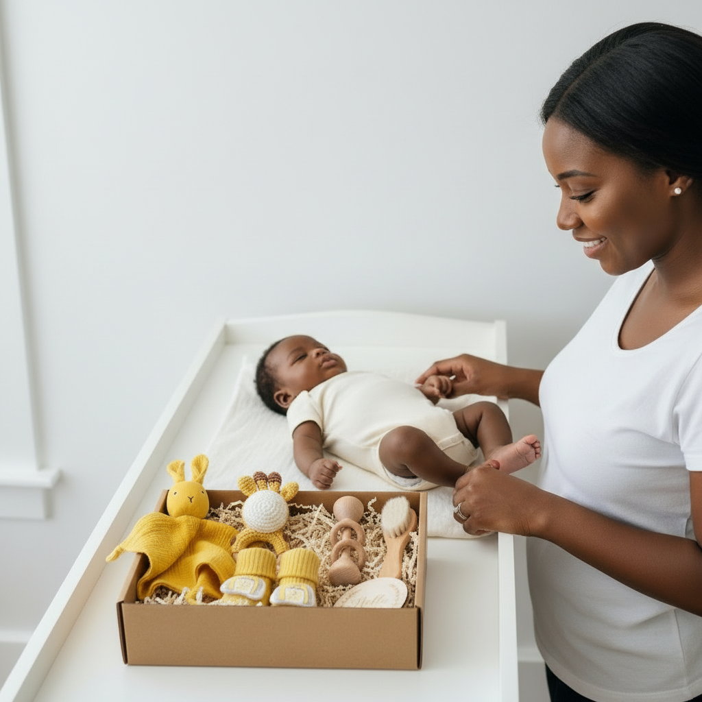 Maman regardant bébé sur table à langer avec coffret cadeau naissance Montessori - Doudou lapin jaune, hochet fleur, accessoires bois