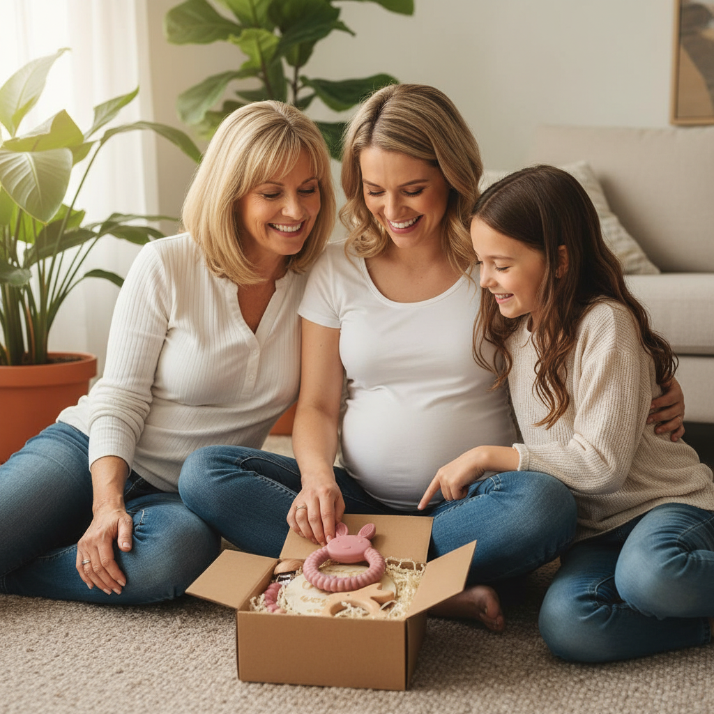 Future maman ouvrant son coffret cadeau naissance Nid'Éveil contenant hochets dentition et jouets Montessori en bois lors d'une célébration baby shower